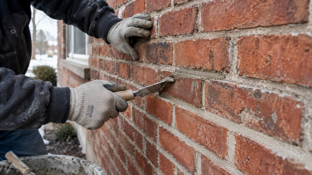 Mason repairing deteriorated mortar joints between bricks