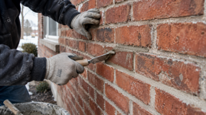 Mason repairing deteriorated mortar joints between bricks