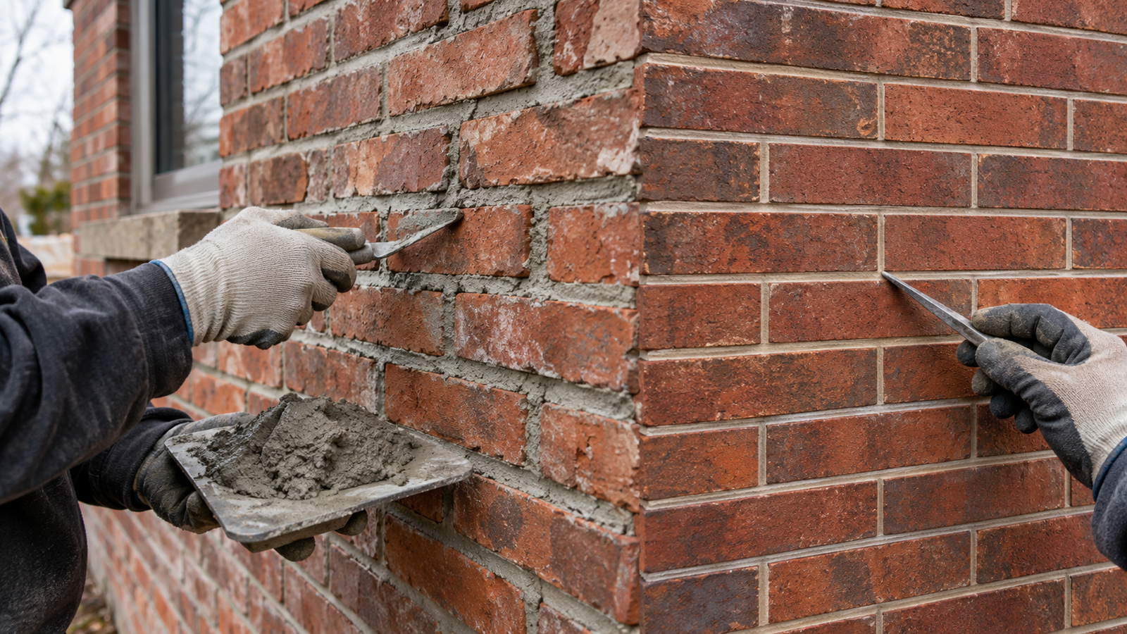 Mason repairing mortar joints in an exterior brick wall